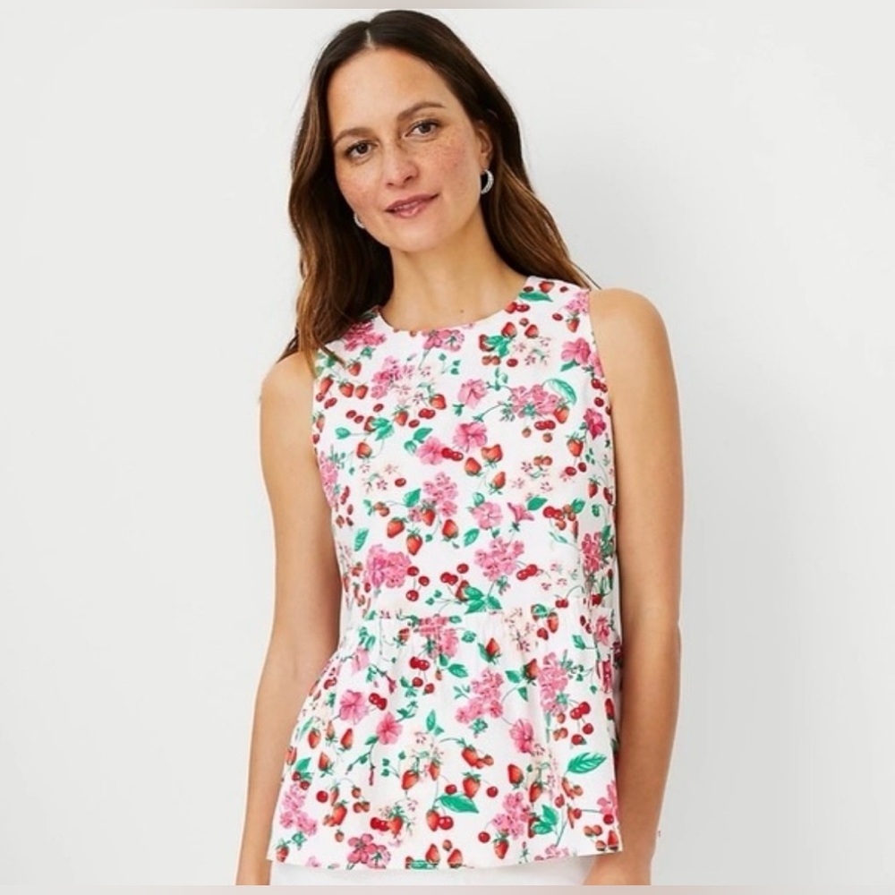 Ann Taylor Strawberry and Cherry Tie Neck Peplum Top NWT!